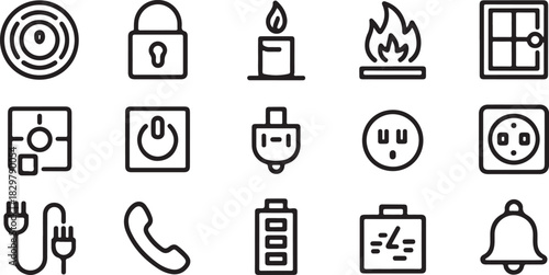 Assorted Home and Technological Symbols Vector Icons in Modern Black Outline Style