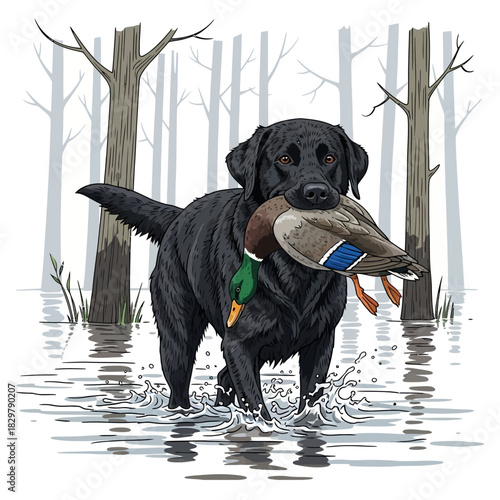 Black Labrador standing in flooded forest water with a retrieved mallard duck in its mouth