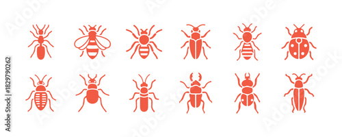 collection of solid icons representing insects, including bugs, beetles, and termites. The insect silhouettes are styled as glyphs for use in web and app designs. Vector graphics