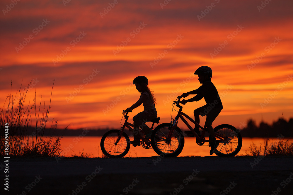 Fototapeta premium Silhouette of two children riding bicycles against a vibrant sunset sky