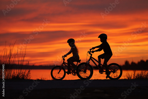 Wallpaper Mural Silhouette of two children riding bicycles against a vibrant sunset sky Torontodigital.ca