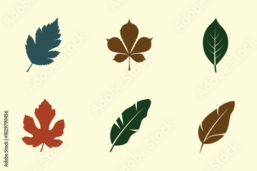 Collection of six different leaf silhouettes on a cream background