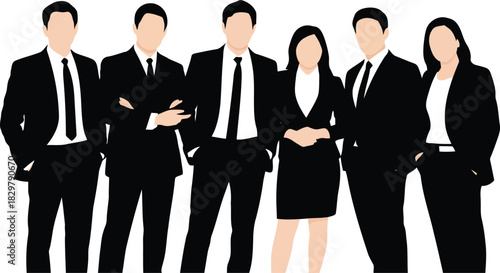 Professional men and women stand side by side wearing business suits ready for corporate work