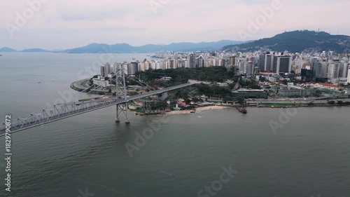 Overhead drone view of Hercílio Luz Bridge