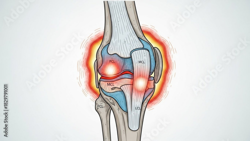 Illustration of a painful knee joint with labeled ligaments and inflamed areas on a white background