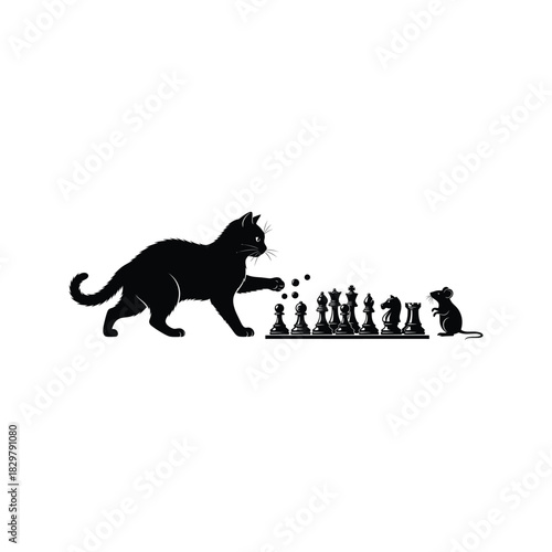 Black cat playfully batting at chess pieces with a mouse watching the game unfold