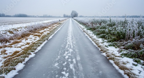 A treacherous icy road disappears into the horizon of a bleak, frozen winter landscape.