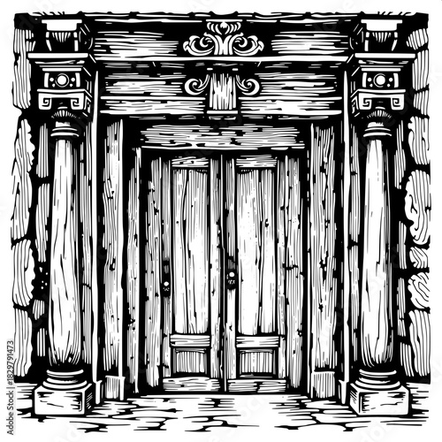 Woodcut-style black-and-white drawing of an aged wooden door framed by carved pillars and topped with a decorative arch. Rich hatching and cross-hatching reveal deep wood grain and symmetrical archite