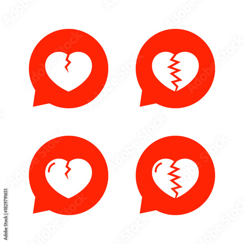 Heartbreak in red speech bubble icon. Cracked love symbol. Breakup heart sign
