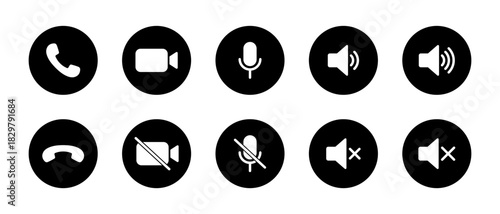 Phone call, hang up, record mic, mute, speaker volume, and silent icon in black circle. Communication element symbol