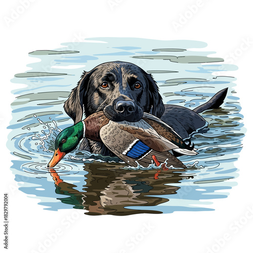 Black Labrador swimming in water with a mallard duck in its mouth making a retrieve