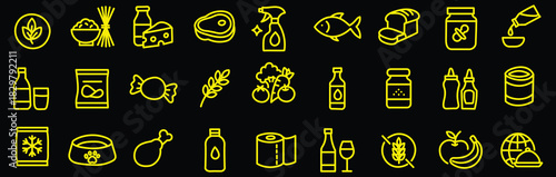 Grocery food and product categories line icon set with items like fruits, meat, pasta and beverages. Vector illustration pictograms of snacks, candy, sauces, cereal, grains, wine, editable stroke.