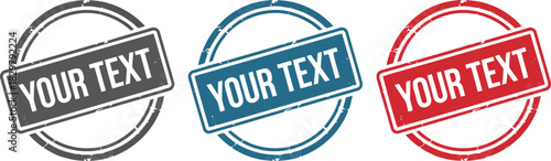 Set of three distressed round stamps with rectangular labels in grey blue and red colors