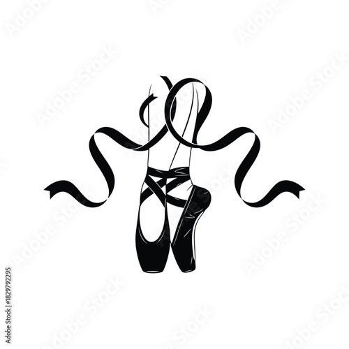 Elegant black ballet pointe shoes with flowing ribbons against a clean white background
