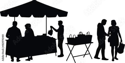 Several individuals visit an outdoor market where vendors are selling various products