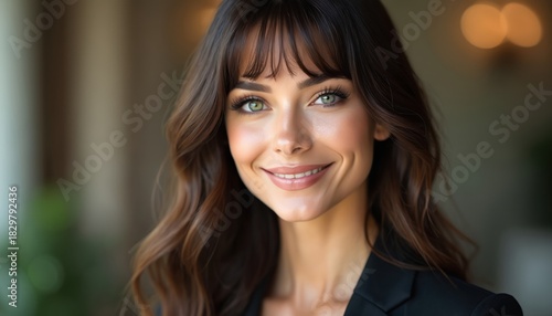 Elegant young woman with long brown hair, bangs smiles warmly. Wears vinous business suit, delicate makeup with green eyes, long lashes. Portrait conveys confidence, approachability for pro settings.
