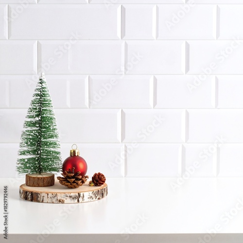 A charming small Christmas tree adorned with colorful ornaments and twinkling lights sits atop a pristine white table, creating a festive atmosphere.