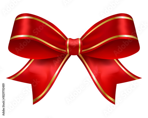 Red ribbon bow with gold trim, glossy decorative vector element for gifts, cards, holidays, Christmas, celebrations, packaging and premium festive design