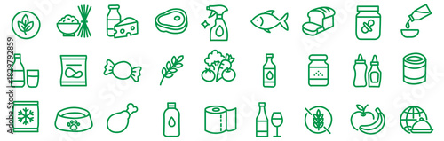 Grocery food and product categories line icon set with items like fruits, meat, pasta and beverages. Vector illustration pictograms of snacks, candy, sauces, cereal, grains, wine, editable stroke.