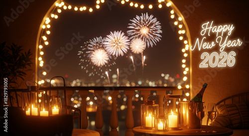 Happy New Year 2026 with Glowing White Text, Fireworks, and Romantic Balcony Celebration Scene