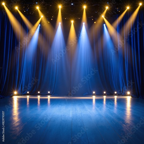 A vibrant stage adorned with rich blue curtains, illuminated by soft, warm lights, creating an inviting atmosphere for performances and events.
