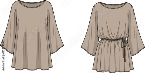 Flowy long sleeve tunic top fashion template with belted and loose versions, detailed vector garment illustration design layout