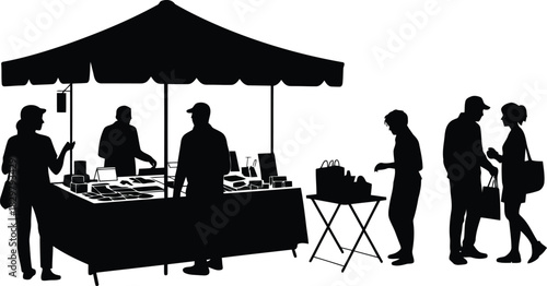 Silhouettes of people actively shopping at a lively outdoor market stall under an awning