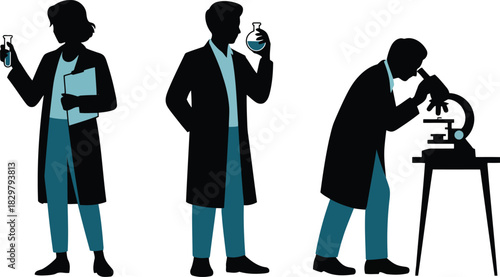 Silhouettes of three scientists in light blue lab coats performing various laboratory tasks