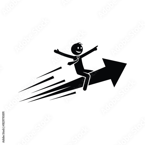 Happy businessman riding a fast growing arrow symbolizing success and progress