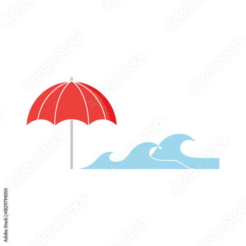 Red umbrella protects from sun on beach with gentle waves creating a relaxing summer vacation scene.