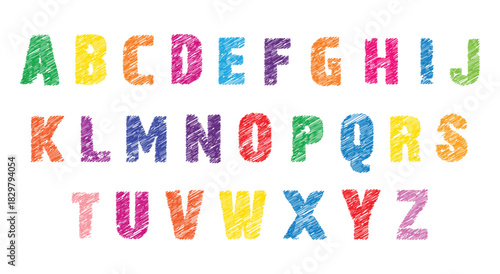 Crayon. Font. Alphabet. A colorful hand drawn vector alphabet with a crayon or chalk texture for a children's book, a school project, a party invitation, or a fun and creative design.