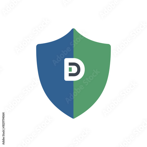 Shield protects data with letter D in center, symbolizing security and digital defense on white backdrop, conveying trust and reliability.