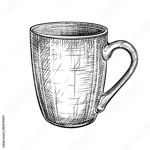 Vector hand drawn illustration of cup for tea or coffee in engraved style. Mug for hot drinks. Ceramic, glass, porcelain household kitchen utensils. Black and white sketch isolated on white background