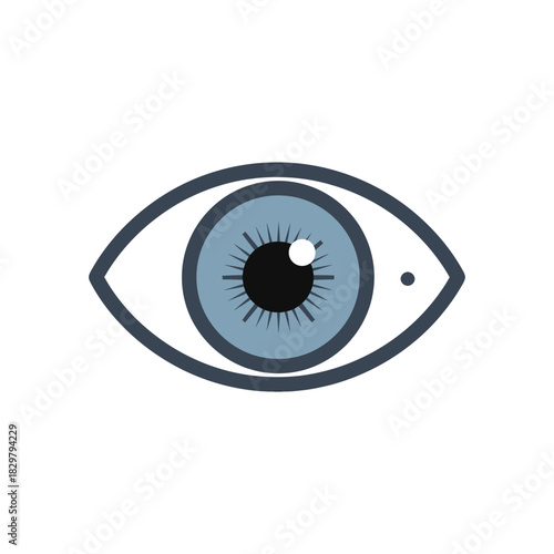 Human eye looking forward with blue iris and dark outline representing vision, health, and optical concepts on a white space, symbolizing clarity and perception.