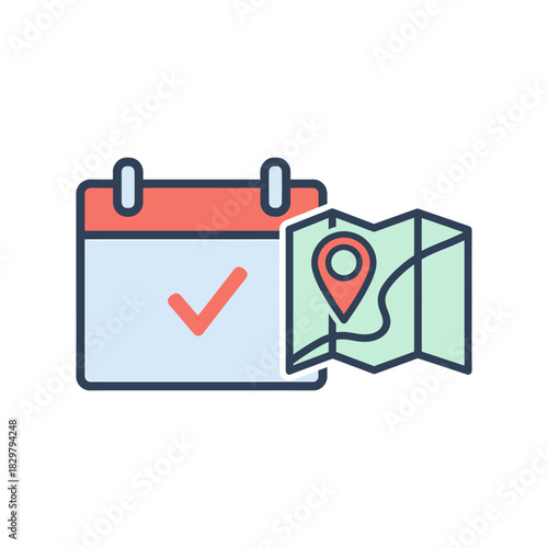 Calendar and map showing travel planning for upcoming vacation with check mark on date, representing organization and excitement.