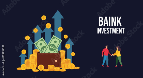 Bank investment and financial growth concept showing a wallet full of money with rising arrows and investors shaking hands.