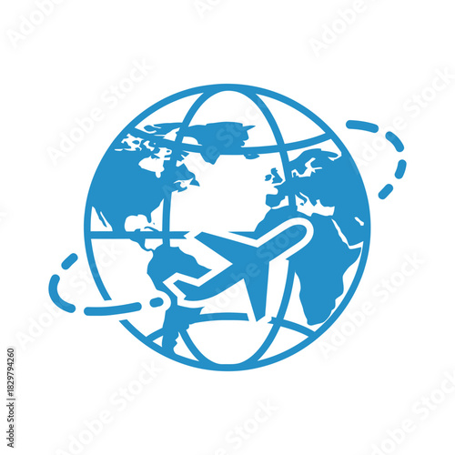 Airplane flies around the world globe showing international travel and tourism with a sense of adventure and global connection.
