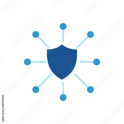 Blue shield with network nodes represents cybersecurity protection against threats and data breaches in a modern digital world.