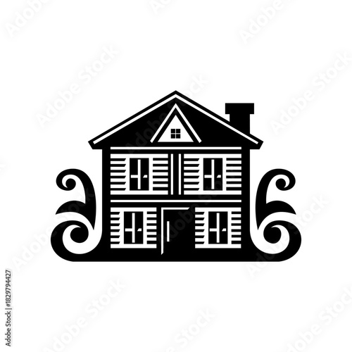 Stylized house stands prominently with decorative flourishes, representing home ownership and real estate in a modern, minimalist way.