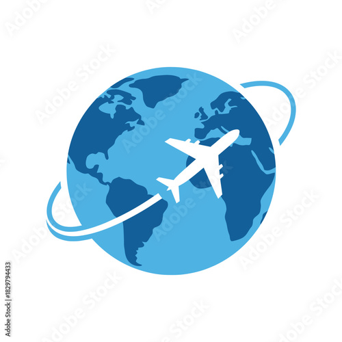 Airplane flies around the world globe in blue and white, symbolizing global travel and international connections, conveying a sense of adventure and exploration.