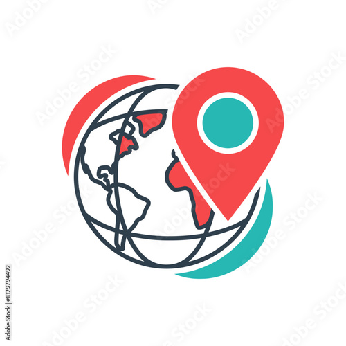 Globe with location pin marking a specific spot, symbolizing travel and global connectivity, in a modern and minimalist style.