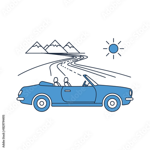 Blue convertible car drives along winding road towards distant mountains under bright sun, symbolizing freedom and adventure on a scenic journey.