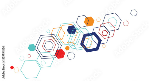 Abstract background with a dynamic composition of colorful geometric hexagon shapes and lines on a clean white backdrop.