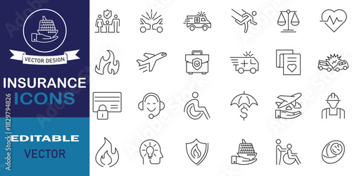 Insurance thin line icon set. Insurance 24 outline icons collection. Policy, life, medical, car, home, money and more concept. Editable stroke. Vector illustration.