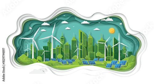 Green city and renewable energy concept shown in a paper cut style with windmills, solar panels, and a sustainable urban skyline.