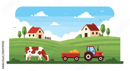 Idyllic farm landscape with a grazing cow, a red tractor, and farmhouses on rolling green hills under a blue cloudy sky.