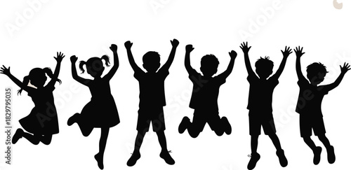 Six active children black silhouettes are excitedly jumping together with their arms up high