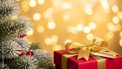 Festive Christmas Gift Box with a Golden Ribbon Under a Decorated Tree Against Warm Bokeh Background