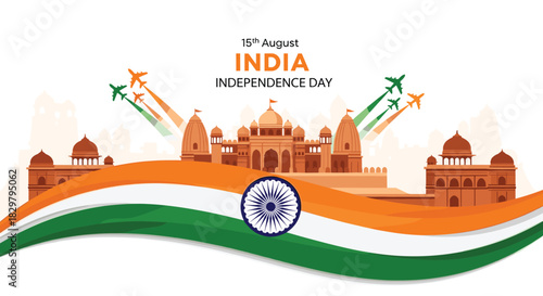 India Independence Day celebration banner with the Indian flag, famous monuments, and fighter jets creating trails of the tricolor.