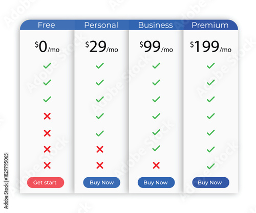 Pricing Plan. Table. A clean and modern blue vector pricing table template for a website, an app, an e-commerce platform, or a business presentation comparing free and premium plans.
